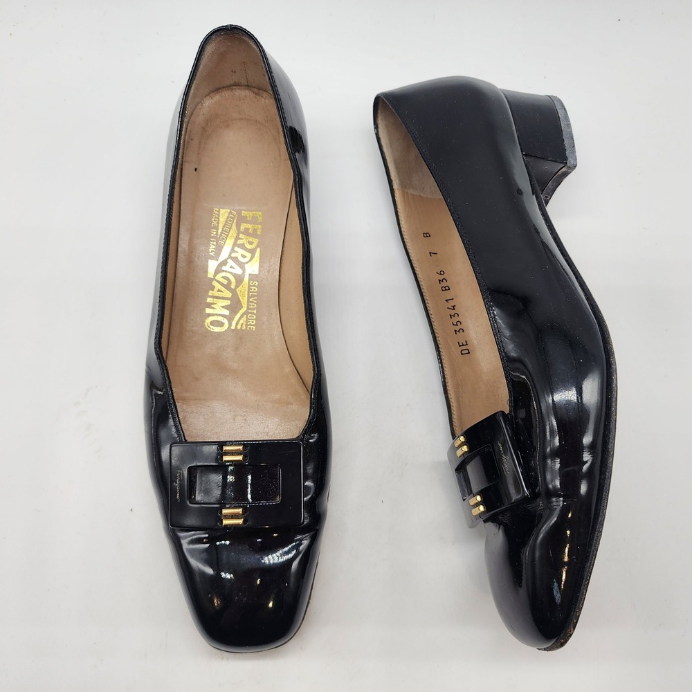 Salvatore Ferragamo Vintage Mod Black Patent Buckle Pumps Women's 7B Block Heel